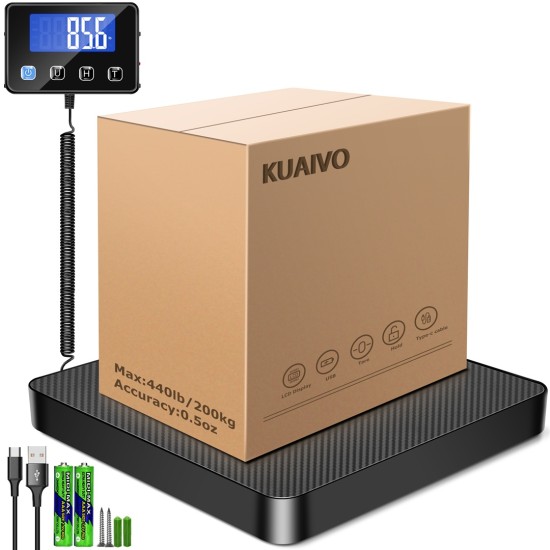 KUAIVO Shipping Scale, 440 lbs/0.35oz High Accurate Digital Postal Scale with Hold/Tare Function, Postage Scale for Packages, Luggage, Small Business, Home Use, Battery & Charging Cable Include
