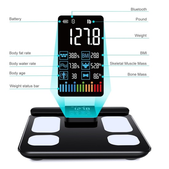 KUAIVO 8 Electrode Smart Body Fat Scale with BMI, Body Fat, Muscle Mass, 28 Body Composition Metrics, Rechargeable High Precision Scale with Color VA Display for Home & Fitness